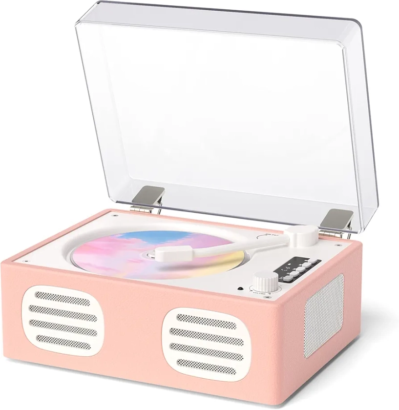 Retro CD Player for Home with Speakers & Bluetooth Transmitter, LED Display, Rechargeable, Portable Desktop Vintage Leather CD Player with Remote Control, Support USB/AUX/Headphone Jack, Pink