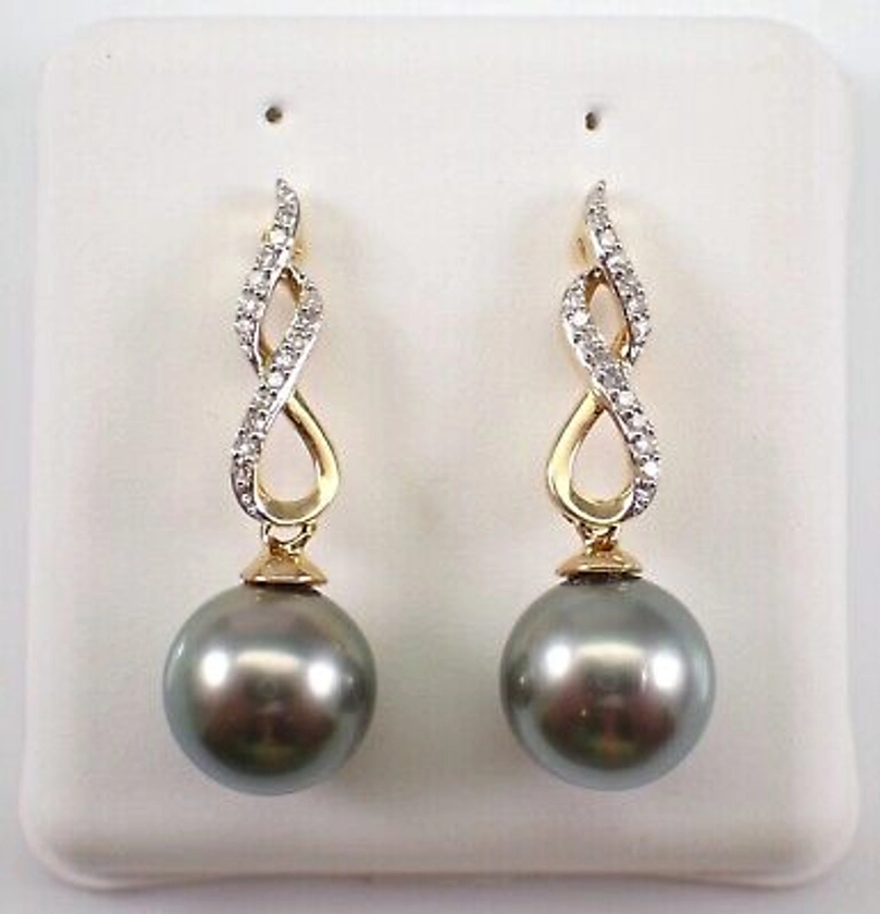 Black Tahitian Pearl and Diamond Dangle Earrings 14K Yellow Gold June Birthstone