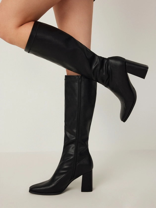 Classic Chunky Heeled Leather Knee High Boots - Cider
