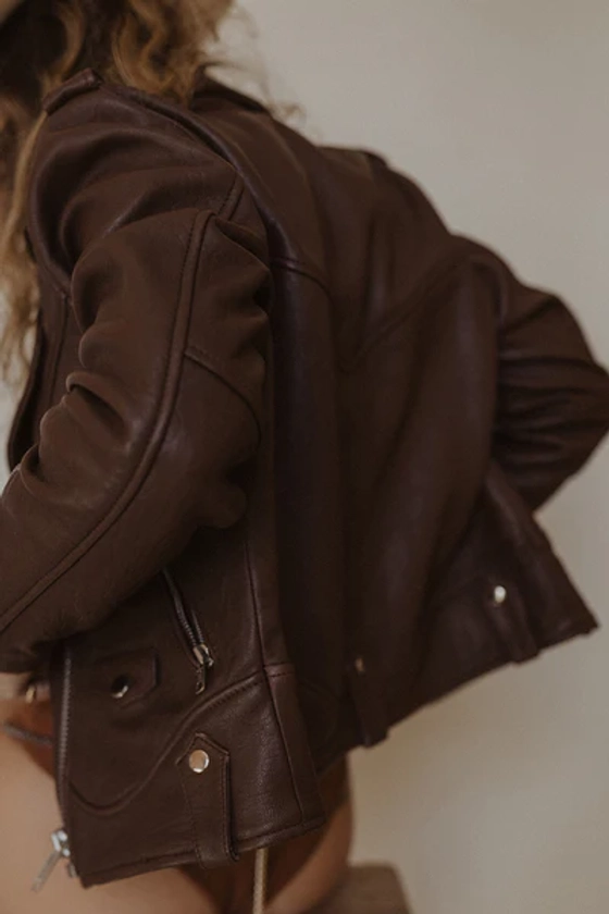 Understated Leather: PEBBLED SLICK JACKET IN MUSTANG- WOMENS BROWN MOTO JACKET