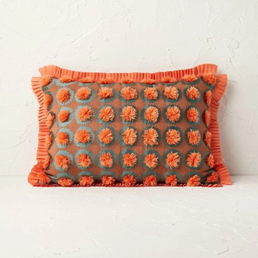 Oblong Jungalow Fringe Pom Decorative Throw Pillow Orange Coral - Opalhouse™ designed with Jungalow™: Indoor Rectangle Accent