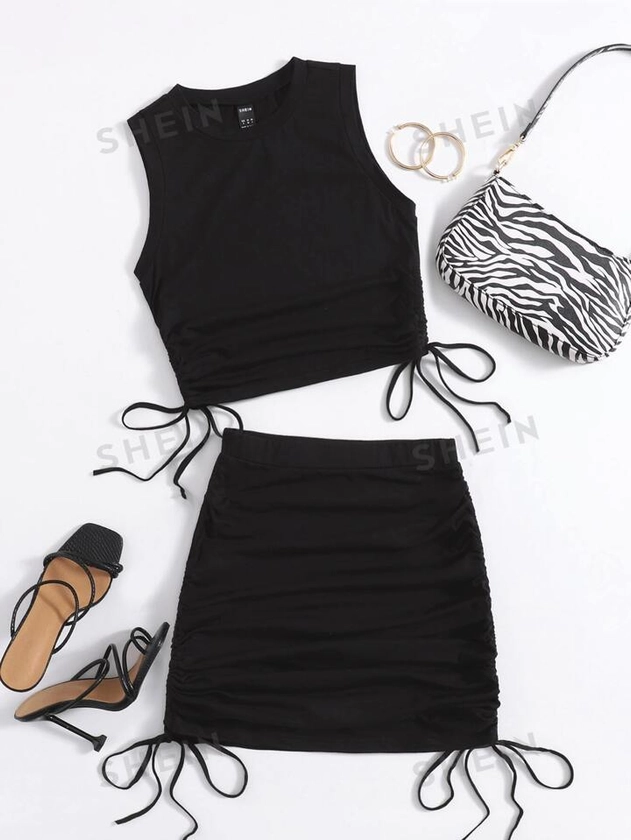SHEIN EZwear Ruched Drawstring Tank Top & Skirt Set