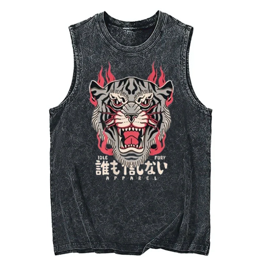 Tokyo-Tiger Japanese Tiger Flaming Fire Cotton Washed Tank Sale