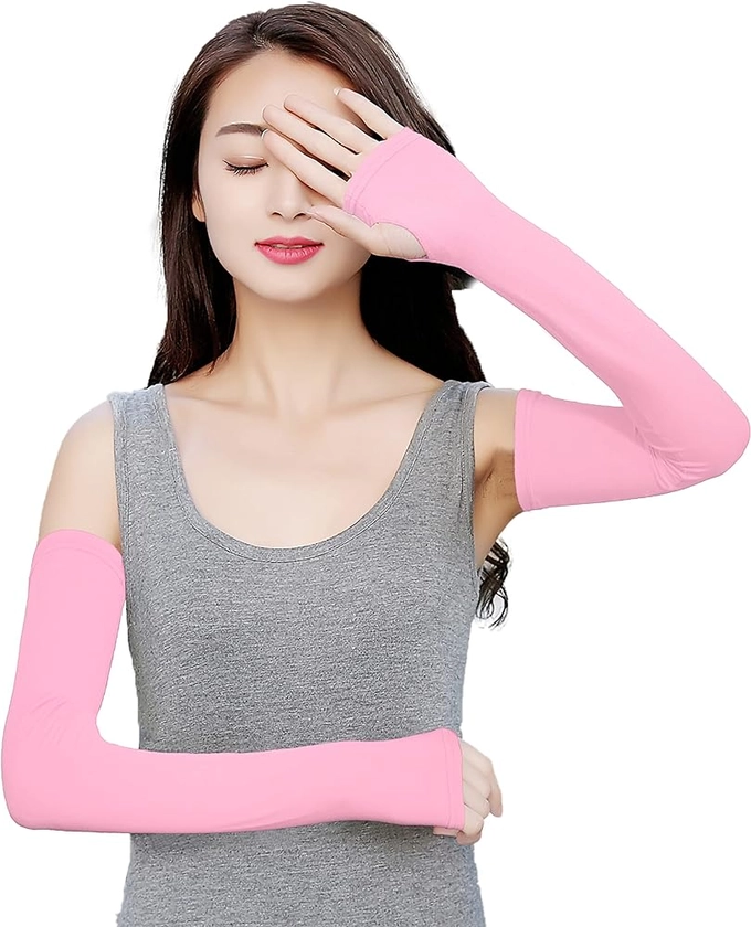 Bellady Women Long Fingerless Gloves,Sun Block Solid Color Arm Sleeves Glove,Light Pink at Amazon Women’s Clothing store