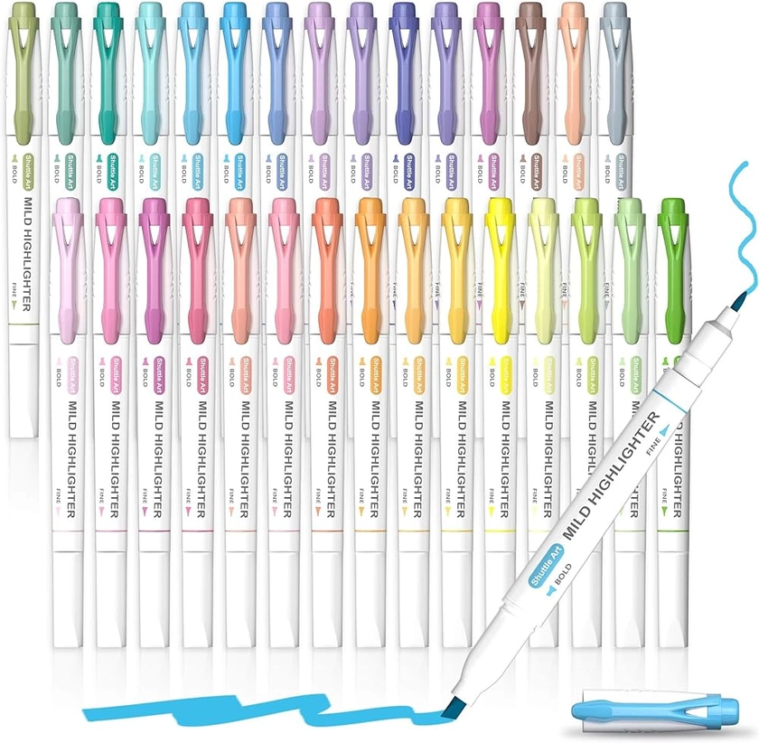 Shuttle Art Surligneurs pastel de 30 couleurs assorties, double pointe de couleur douce, parfaits pour les adolescents, les enfants et les adultes, le coloriage, le soulignement, le surlignage