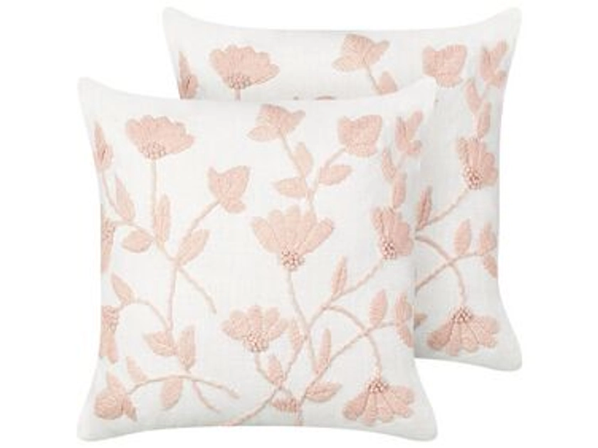 Set of 2 Embroidered Cotton Cushions Floral Pattern 45 x 45 cm White and Pink LUDISIA