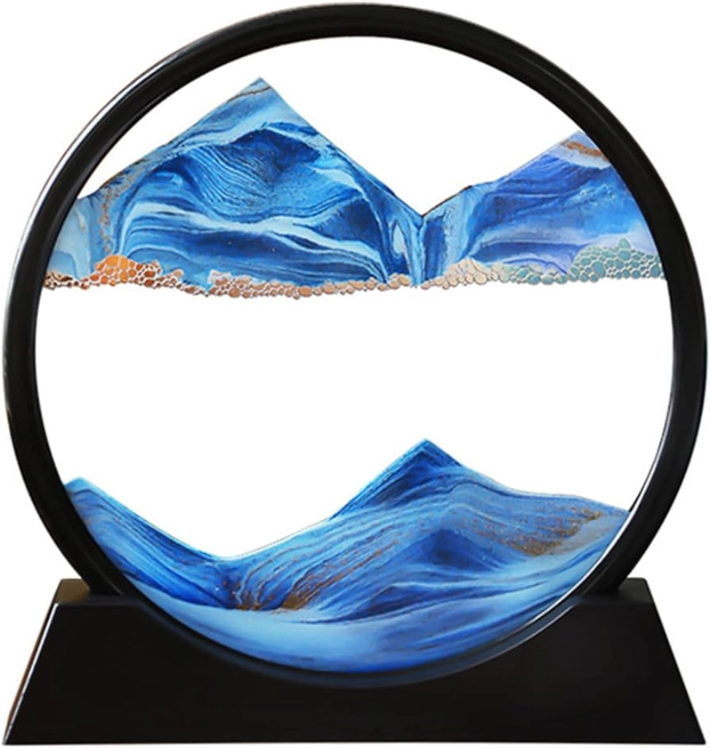 Moving Sand Art Picture in Motion Round Glass 3D Deep Sea Landscape, Dynamic Sand Art Sandscapes, Sensory Relaxing Desktop Table Decor Desk Decor Art Desk (7 inch, Blue)