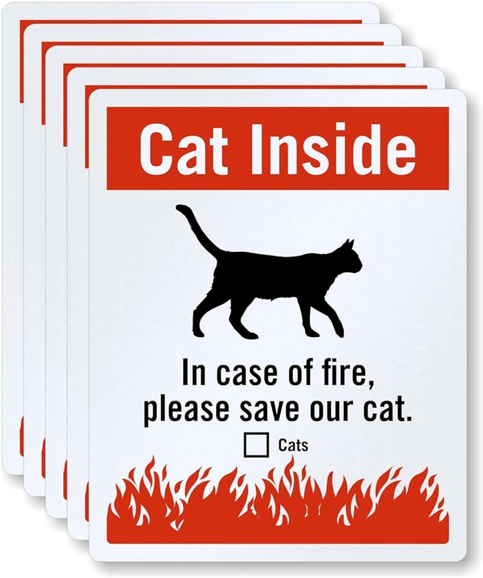 SmartSign (Pack of 5) 5 x 4 inch “Cat Inside - in Case of Fire Please Save Our Cat” Labels, 5.5 mil Laminated Vinyl, 3M Engineer Grade Reflective Material, Red/Black on White