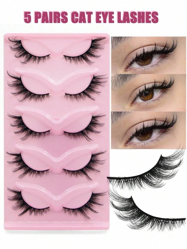 5Pairs Manga Lashes Fox Eye False Eyelashes Natural Look Faux Mink Lashes Cat Eye Lashes 3D Faux Mink Lashes Fluffy Wispy Spiky Strip Lashes | SHEIN UK