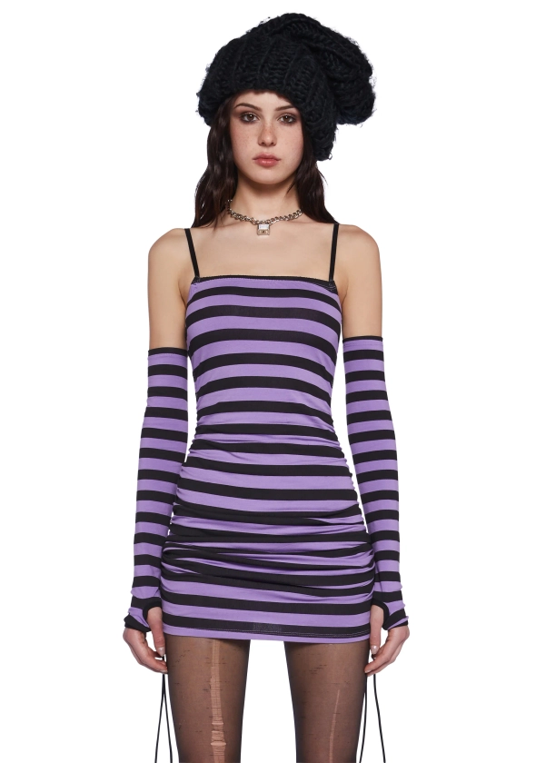 Current Mood Striped Mini Dress & Gloves Set - Black/Purple