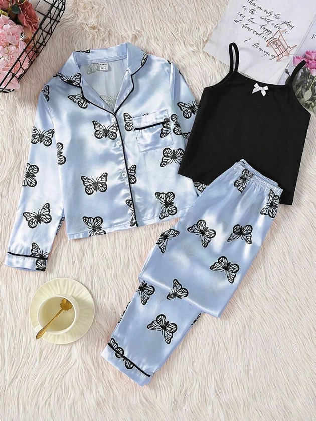 Tween Girls' Butterfly Printed Blue Satin Pants, Long Sleeve Shirt, Camisole Vest 3-Piece Homewear Set