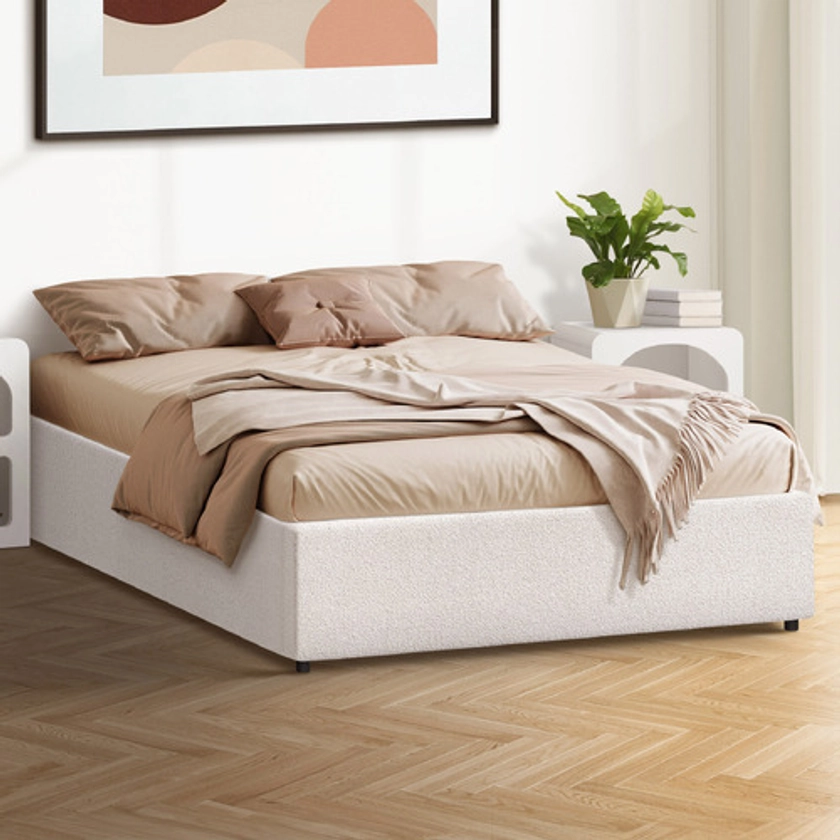 LivingFusion White Seraphine Boucle Gas Lift Bed Base | Temple & Webster