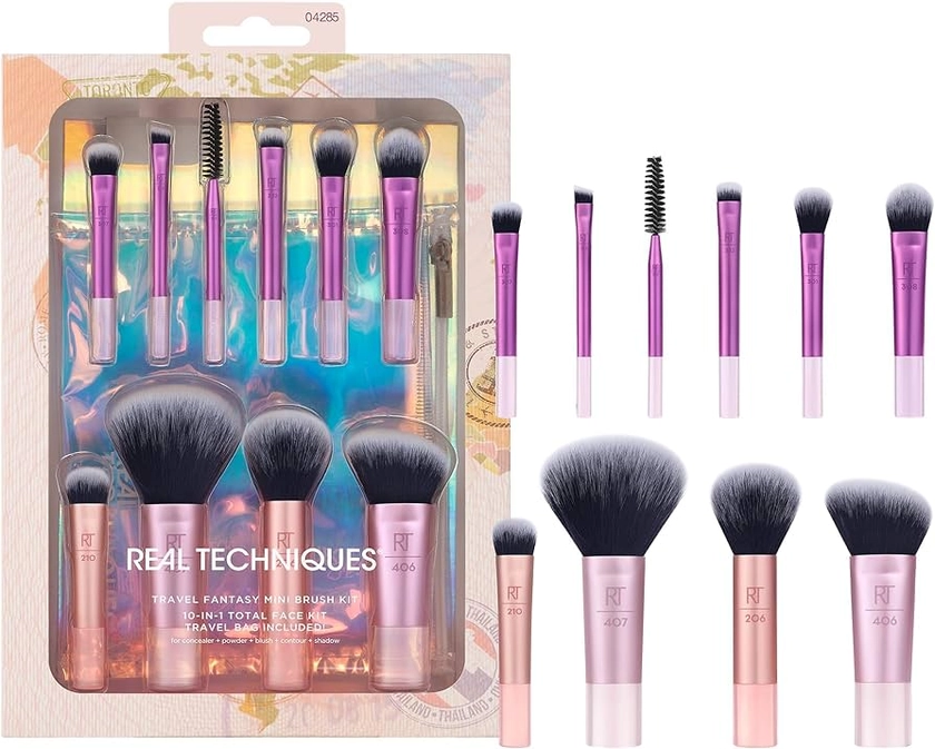 Real Techniques Travel Fanstasy Brush Kit, Makeup Brushes, Mini Sized, Perfect For Travel or On The Go, 10 Piece Set, Purple