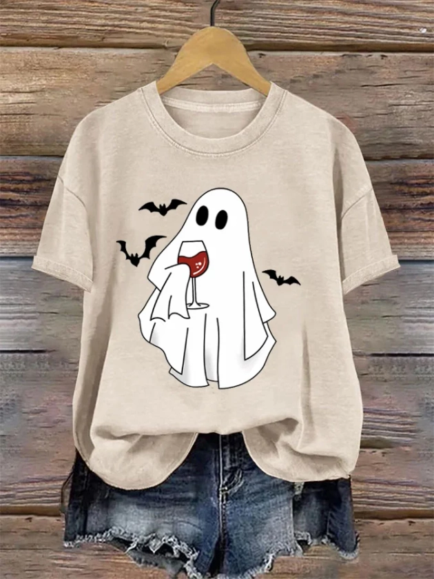 Women's Ghost With Glass Of Wine Print T-Shirt - Apricot / S