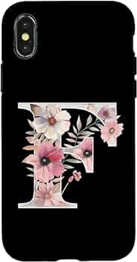 Custodia per iPhone X/XS Lettera F Vintage Floreale Rosa Fiori Nero