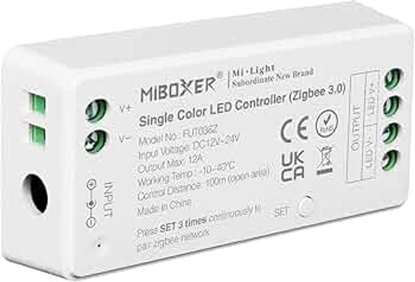 LIGHTEU®, Milight Miboxer Zigbee3.0 gradateur contrôleur de bande LED monochrome 12V/24V compatible avec Zigbee Amazon Echo APP/commande vocale, FUT036Z