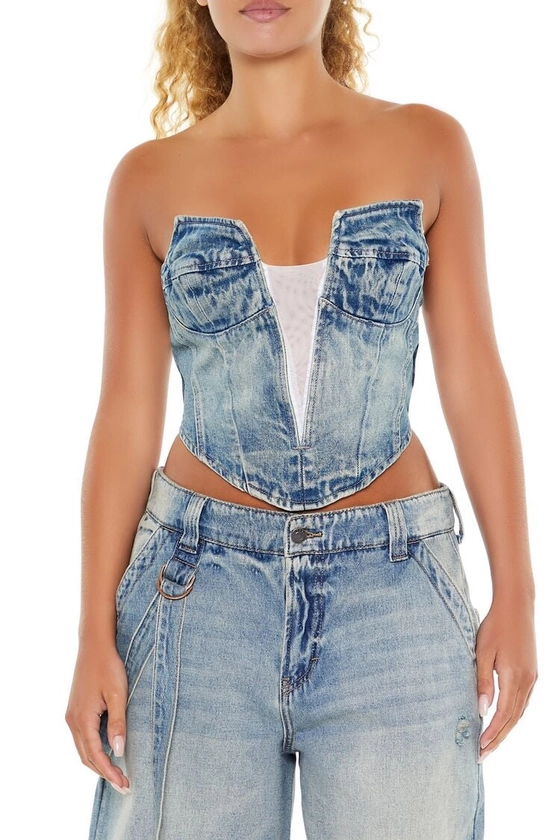 Denim & Mesh Tube Crop Top | Forever 21