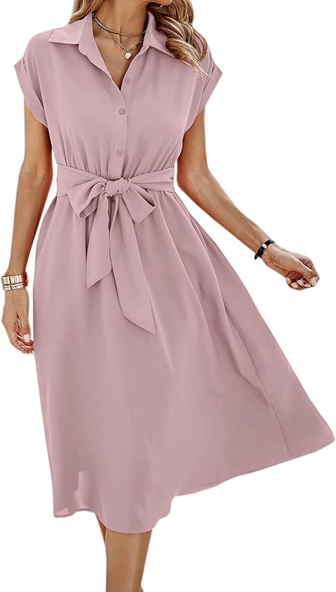 ECOWISH Womens Casual Midi Dresses Solid V Neck Short Sleeve Button Shirt Belted Dress with Pockets for Spring Summer 2024