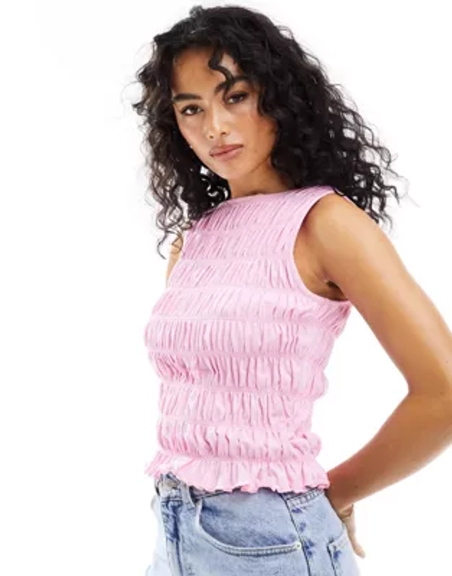 ASOS DESIGN shirred slash neck top in pink | ASOS