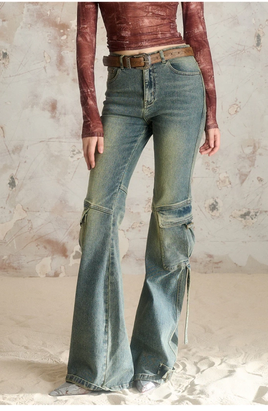 Slimming Bootcut Retro Blue Pocket Wash Pants