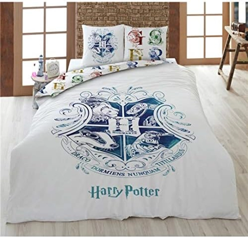 AYMAX S.P.R.L. Parure de lit Harry Potter 4 Pièces 100% Coton - Housse de Couette Double 240x220 cm + 2 Taies d'oreiller 65x65 cm + Drap-Housse Assorti 160x200 cm