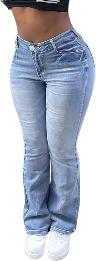 Women's Bell Bottom Jeans High Waisted Blue Wide Leg Stretch Flare Jeans Stretchy Denim Pants