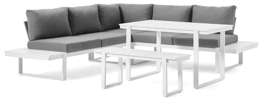 Merida loungehoek in wit aluminium met grijs polyester kussens en loungetafel