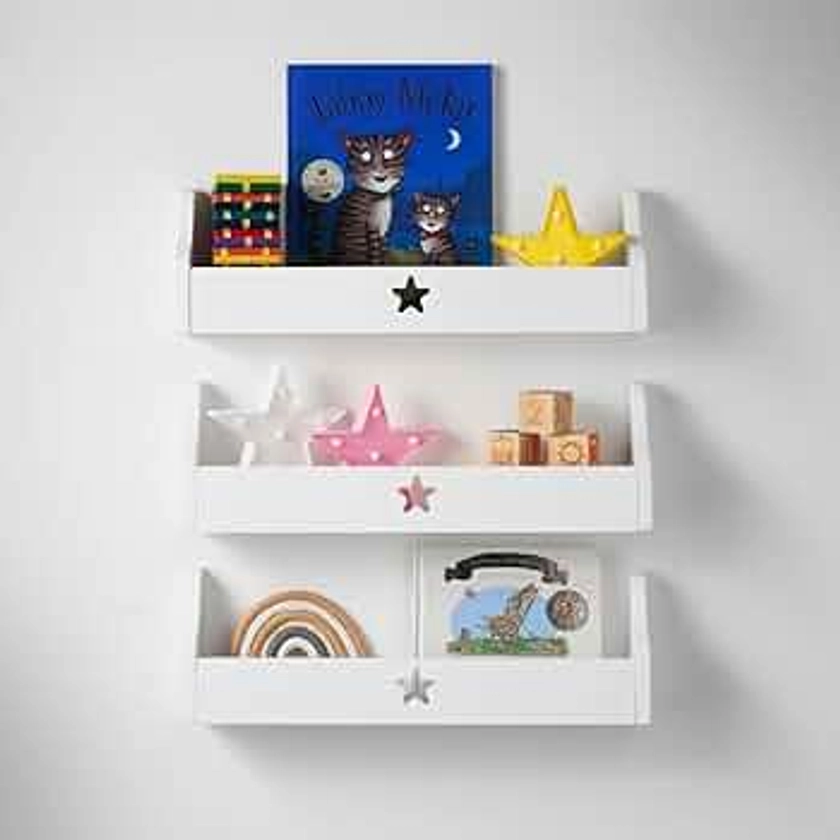 Haus Projekt Wall Shelf, (3 Pack White) Children’s Star Floating Bookshelf Organiser, Nursery Decor, Wall Mounted Wooden Storage Solution, Shelves for Kids Playroom, Shelving Unit, 50x10x16cm