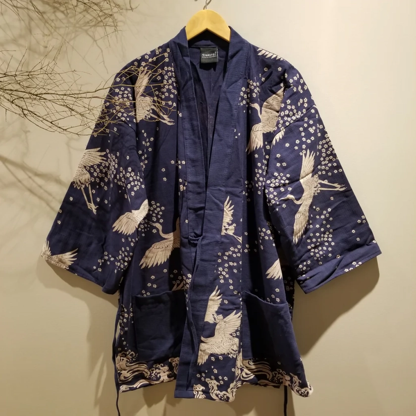 Navy Blue Sakura Crane Noragi Kimono