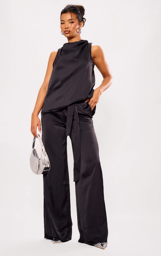 Black Satin Tailored Belted Wide Leg Trousers