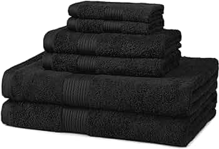 Amazon Basics - 6 Piece Fade Resistant Oversize Bath Towel, Hand and Washcloth Set, 100% Cotton, Black
