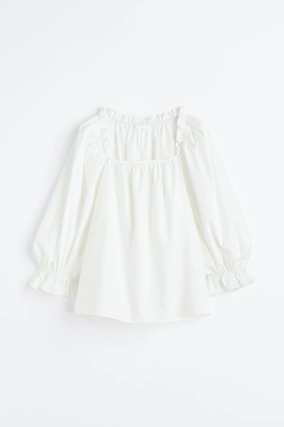 Frill Trim Cotton Blouse - Square neckline - 3/4 sleeve - White - Ladies | H&M AU
