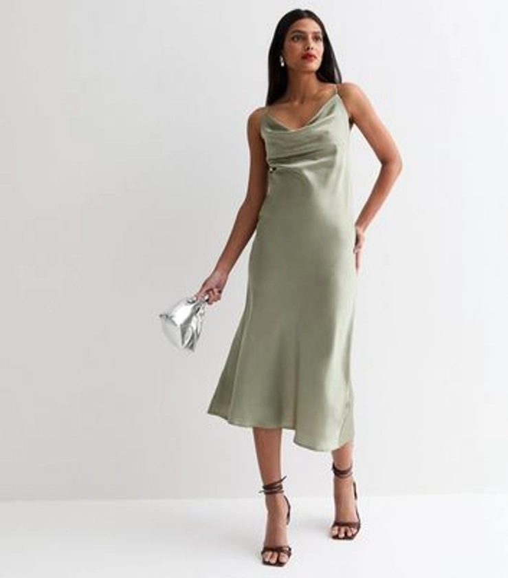 Light Green Satin Cowl Neck Strappy Midi Dress