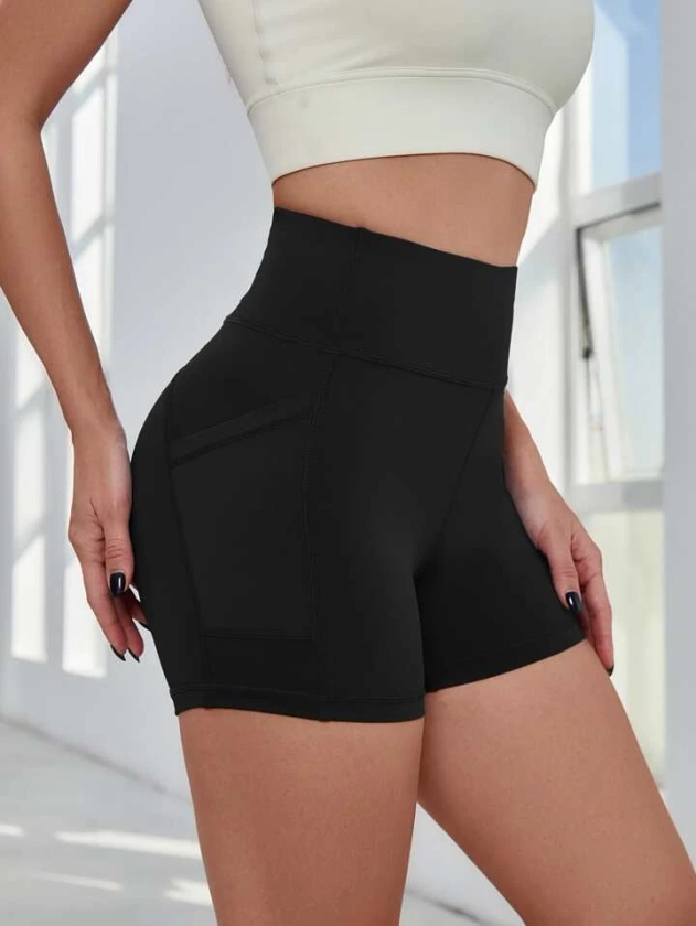 Yoga Basic Absorbs Sweat Breathable Softness Sports Shorts With Phone Pocket | SHEIN USA