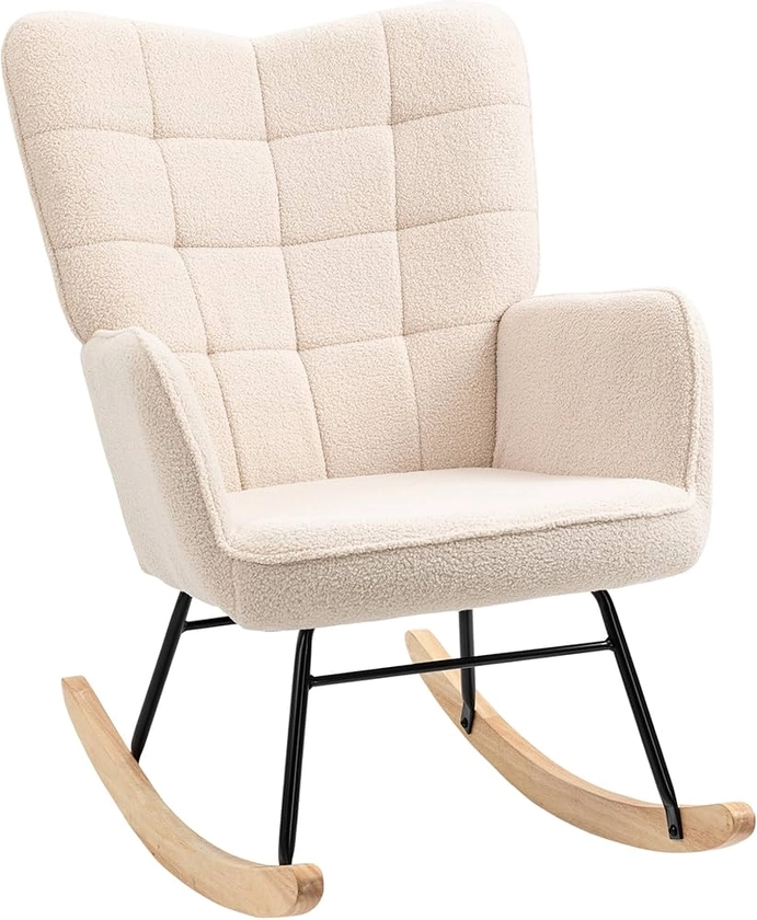 HOMCOM Fauteuil à Bascule, Rocking Chair, revêtement en Imitation Cachemire, Fauteuil Allaitement, Chaise à basule, Structure en Acier, Pieds en Bois Massif, Beige