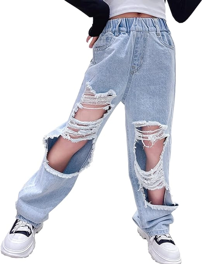 NABER Kids Girls Elastic Waist Cool Ripped Jeans Washed Denim Wide Leg Ripped Denim Jean Age 5-15 Years