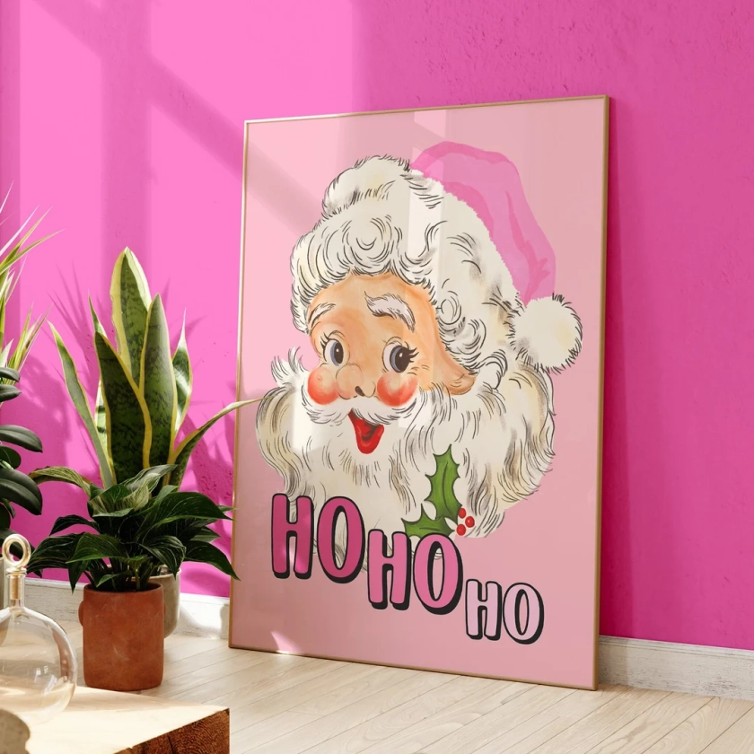 Pink Santa Claus Art Print, Vintage Retro Christmas Wall Art Pink Christmas Decor, Pastel Christmas Decor Xmas Poster 1690