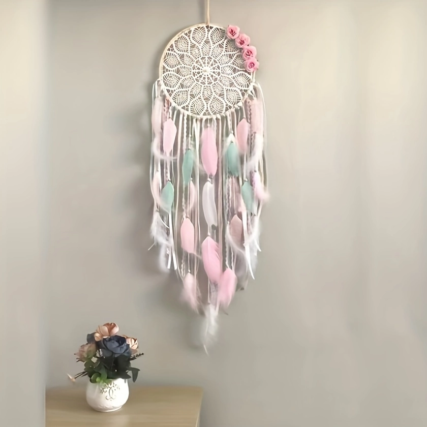 * Flower Dream Catcher Wall Hanging Ornament - Handmade Dreamcatcher Pendant with Feathers for Room Decor, Holiday Gift, and Festival Celebration Decoration