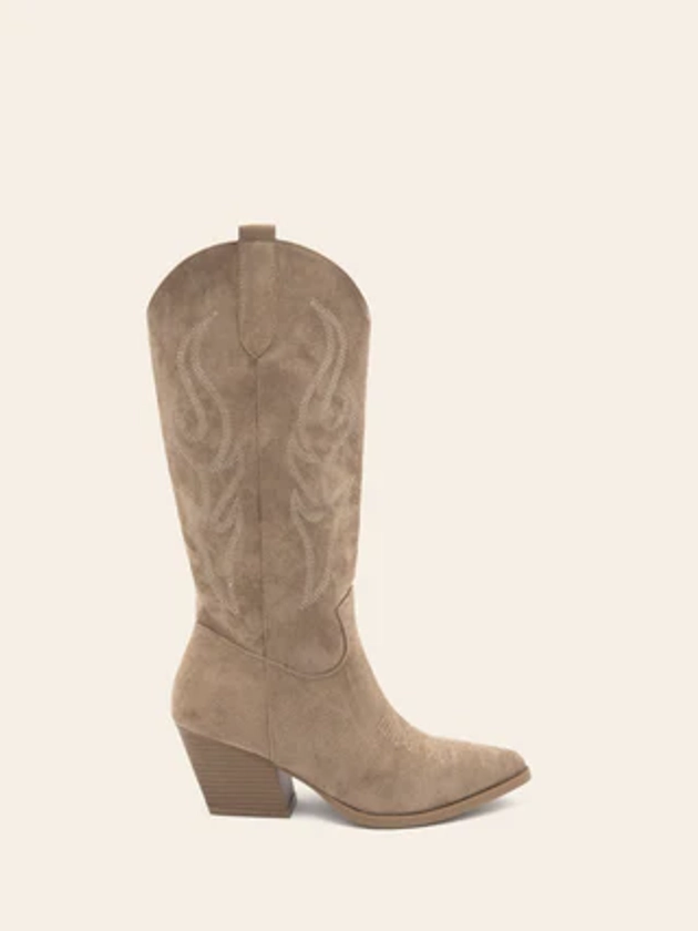 REBEKA - Cowboy-style beige suede cowboy boots with heel and pointed toe