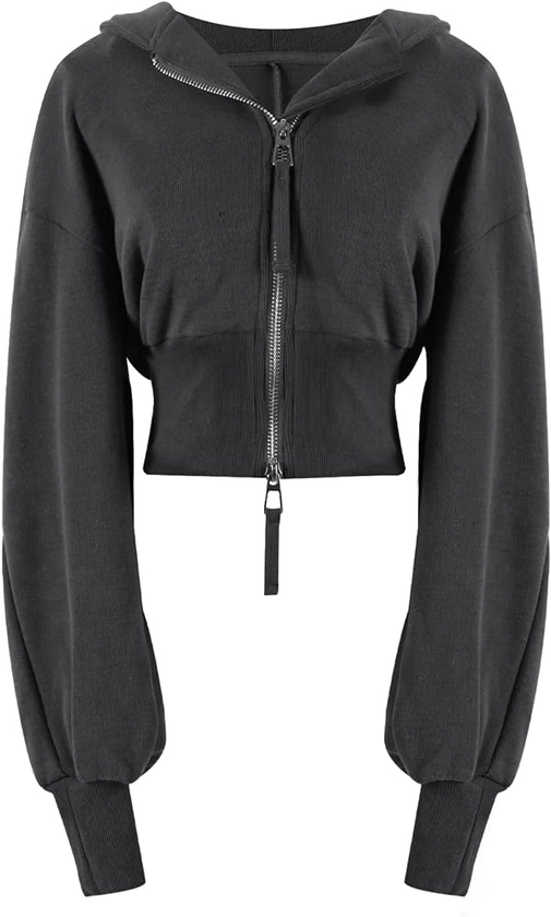 Arssm Cropped Hoodie Women Long Sleeve Sweatshirts Casual Fashion Hooded Zip up Workout Jacket with Thumb Holes (Darkgrey-XS) at Amazon Women’s Clothing store