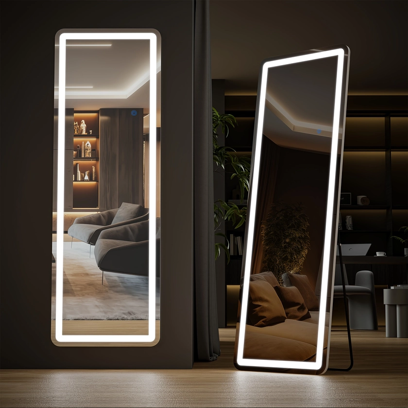 1pc Full-Length LED Standing Mirror, 64"x21" Traditional Style Lighted Floor Mirror, Lighted Floor Mirror With Adjustable Light Settings And Stable St