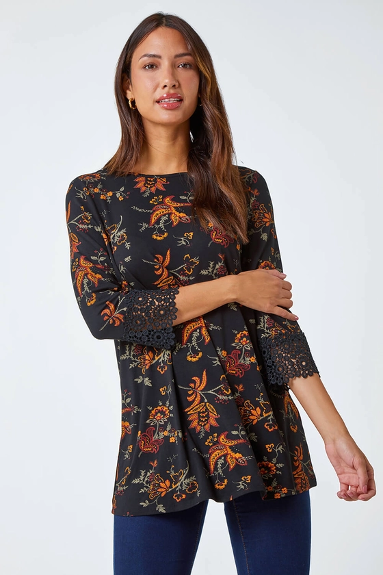 Ochre Paisley Print Lace Trim Stretch Top | Roman UK