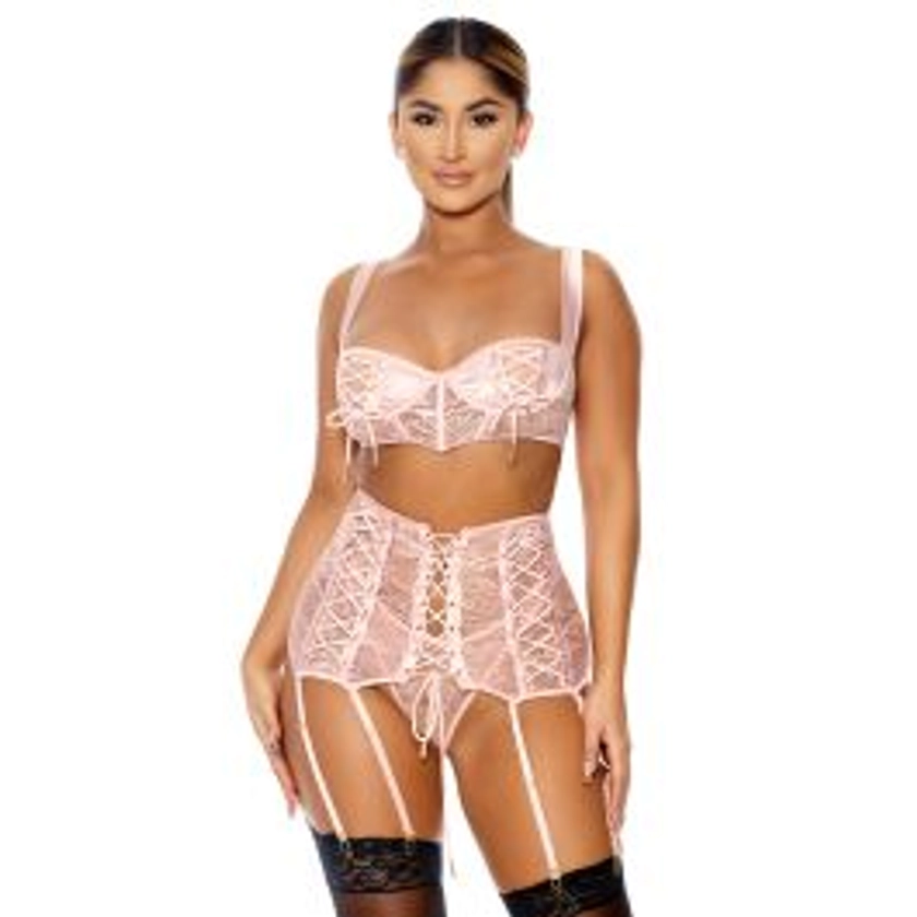 Sexy blush 3 piece vintage corsetry thong set
