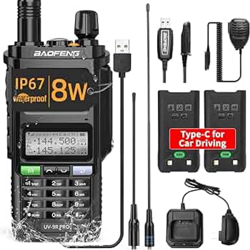 BAOFENG UV-9R Pro 8W Ham Radio Two-Way Radio Handheld Dual Band Tri- Power Waterproof Long Range Rechargeable Walkie Talkies with Programming Cable,Speaker Mic and Type-C Charger Cable Full Set