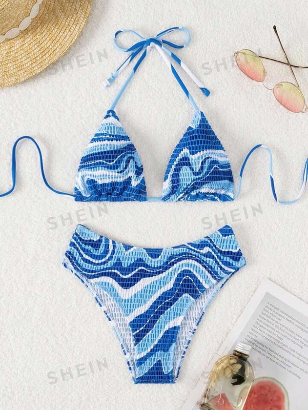 Wave Print Halter Triangle Bikini Swimsuit