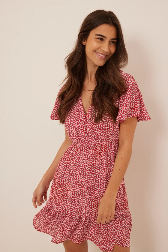 Mini Printed Buttoned Dress Red