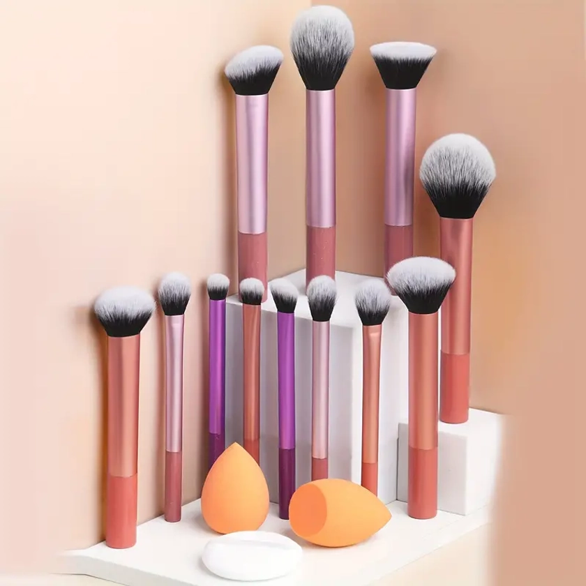 12-Piece Classic Full Makeup Brush Set with Angled and Teardrop Blenders, 1 Powder Puff - Professional Application Tools, Nylon Bristles, ABS Handle,