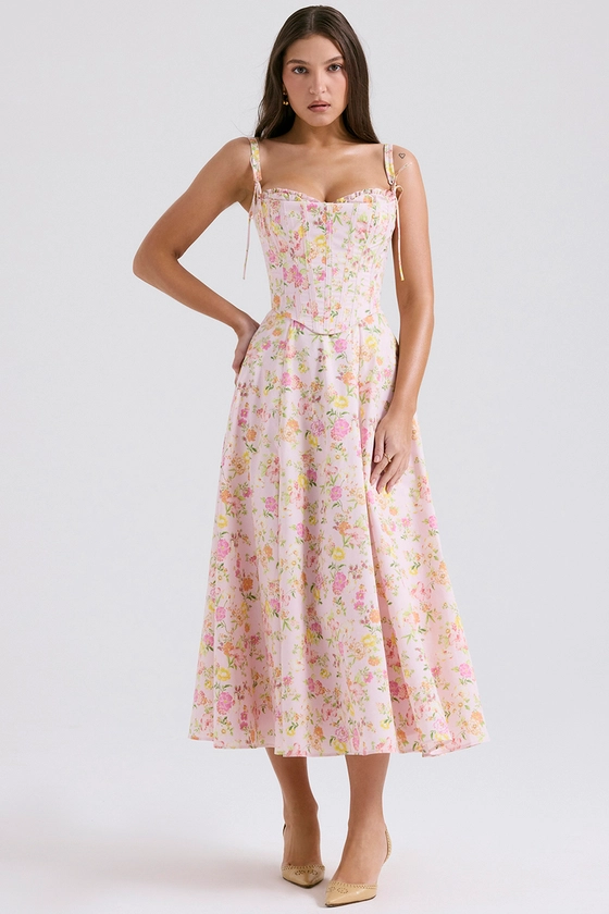Clothing : Midi Dresses : 'Clarabelle' Pink Meadow Print Cotton Midi Sundress