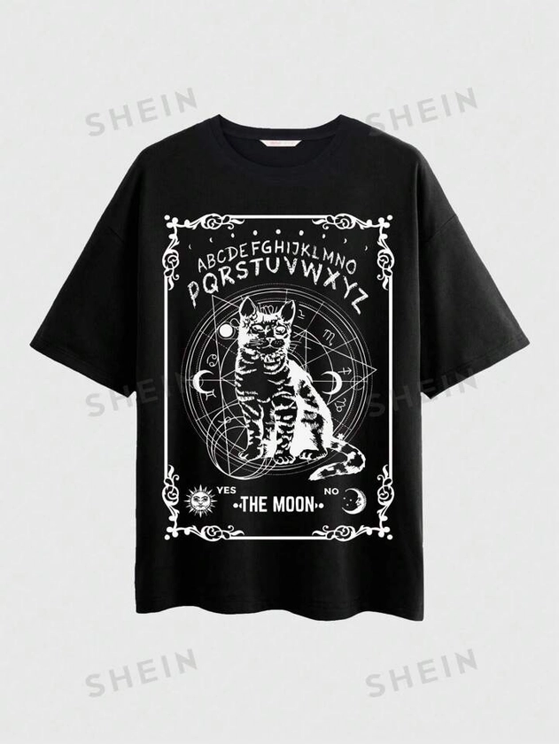 ROMWE Academia Camiseta con estampado de gato y letra