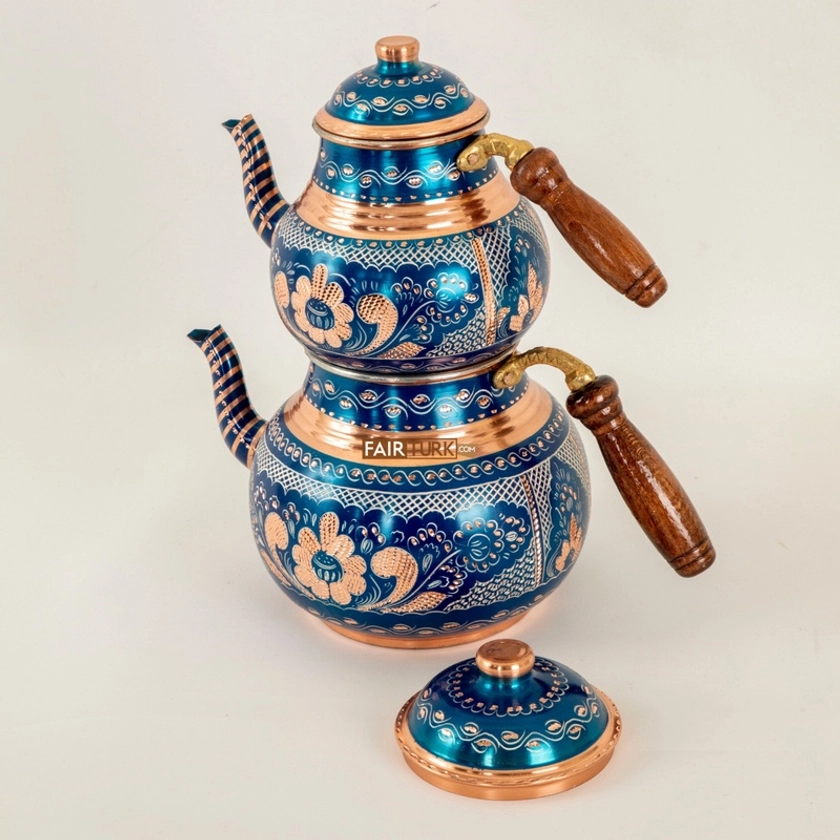 Handpainted Blue Color Copper Turkish Tea Pot